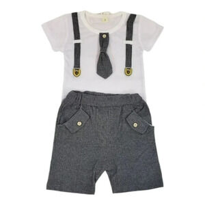 9-12M Grey Faux Suit Baby Boys 2 pcs Outfit. T-Shirt and Shorts Set.